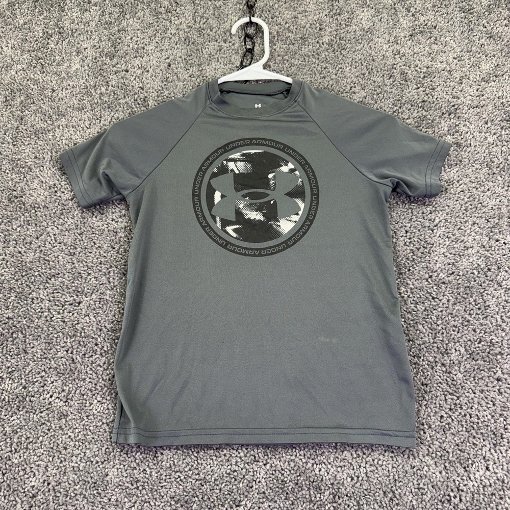 Under Armour Shirt Kids Small Gray Short Sleeve Crewneck Logo Tee Athletic